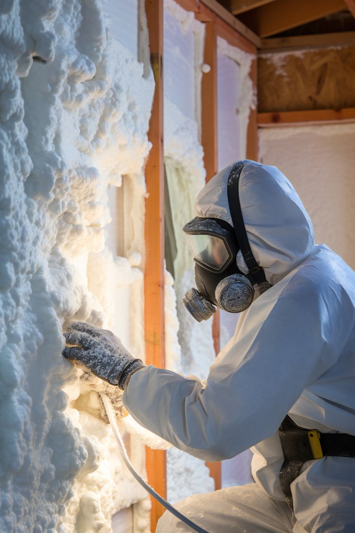 Application de mousse polyuréthane pulvérisée sur un mur